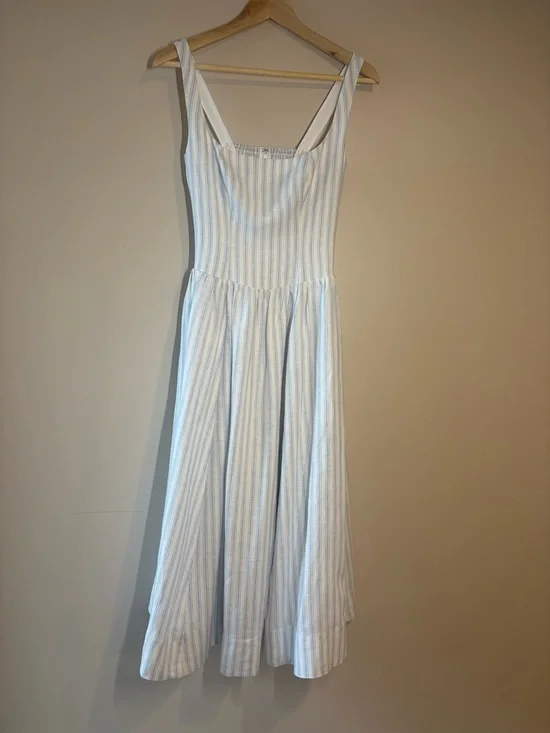 NEW Reformation Janu Midi Linen Dress Swan Stripe Blue White | US 2 / UK 6 - Picture 6 of 15